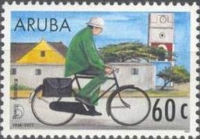 Stamp, Mailman on bicycle, Aruba,  