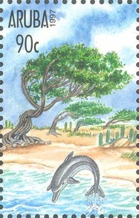 Stamp, Dolphin jumping out of water, Aruba,  , Sea Life