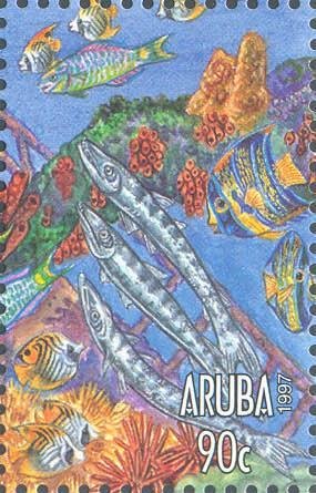 Stamp, Great Barracuda (Sphyraena barracuda), Sea Urchins, differen, Aruba,  , Sea Life