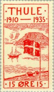Stamp, Danish flag in front of Thule mountain, Greenland,  