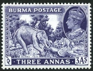 Stamp, Asian Elephant (Elephas maximus) with Mahout, Myanmar,  , Mammals, Elephants, Animals (Fauna)