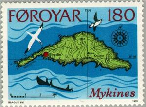 Stamp, Island Mykines, map, Faroe Islands,  , Ships, Cartography, Maps