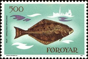 Stamp, Atlantic halibut (Hippoglossus hippoglossus), Faroe Islands,  , Fishes