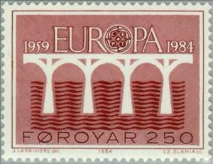 Stamp, EUROPA / C.E.P.T.: 25. anniversary of C.E.P.T. (Bridge), Faroe Islands,  , Postal Services, Postal Unions, C.E.P.T., Europe, Bridges