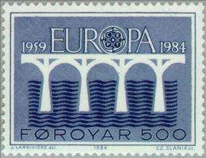 Stamp, EUROPA / C.E.P.T.: 25. anniversary of C.E.P.T. (Bridge), Faroe Islands,  , Postal Services, Postal Unions, C.E.P.T., Europe, Bridges