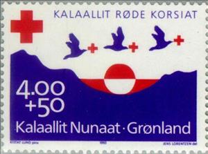 Stamp, 70 years Red Cross in Greenland, Greenland,  , Flags, Birds, Red Cross and Red Crescent, Healthcare, Animals (Fauna), Anniversaries and Jubilees