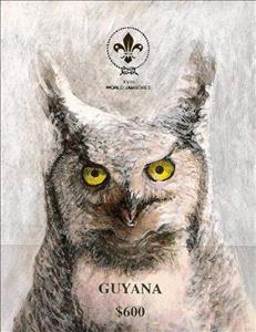 Souvenir Sheet, Eurasian Eagle-Owl (Bubo bubo), Guyana,  , Birds, Scouting, Birds of Prey, Owls, Animals (Fauna)
