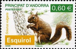 Stamp, Red Squirrel (Sciurus vulgaris), Andorra, French Administration,  , Squirrels, Animals (Fauna)