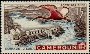 Stamp, Yellow-billed Stork (Mycteria ibis) over Edea Dam, Cameroun,  , Birds, Dams, Rivers