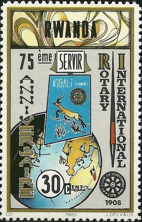 Stamp, San Francisco Emblem, Rwanda,  , Rotary, Globes
