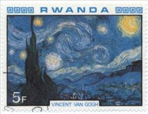Stamp, Starry Night, by Van Gogh, Rwanda,  