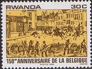 Stamp, Scene from belgian independence war, Rwanda,  