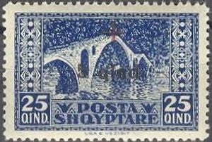 Stamp, Postalstamp MichelnrAL86 with overprint in Red and Black, Albania,  