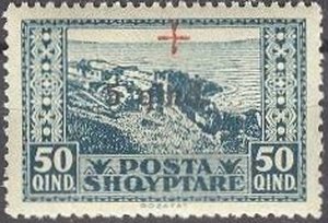 Stamp, Postalstamp MichelnrAL87 with Overprint in Red and Black, Albania,  