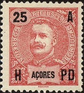 Stamp, King Carlos I. - 25 - Red, Azores,  
