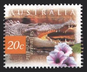 Stamp, Saltwater Crocodile (Crocodylus porosus), Australia,  , Flowers, Reptiles, Crocodiles, Animals (Fauna), Plants (Flora)