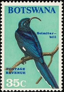 Stamp, Common Scimitarbill (Rhinopomastus cyanomelas) , Botswana,  , Birds