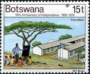 Stamp, Schoolhouse and children, education, Botswana,  