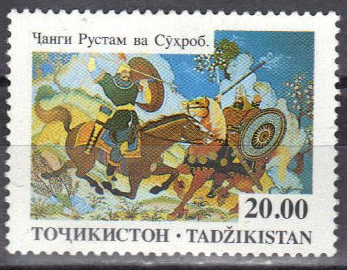 Two men on horseback fighting with spears