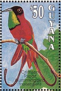 Stamp, Crimson Topaz (Topaza pella), Guyana,  , Birds, Animals (Fauna)