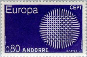 Stamp, Wattle as a sun symbol, Andorra, French Administration,  , Postal Services, Postal Unions, C.E.P.T., Europe