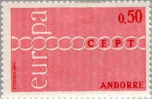 Stamp, Brotherhood and cooperation symbolized by chain, Andorra, French Administration,  , Postal Services, Postal Unions, C.E.P.T., Europe