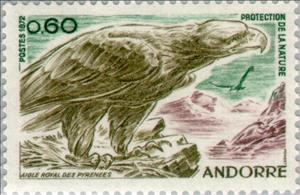 Stamp, Golden Eagle (Aquila chrysaetos), Andorra, French Administration,  , Birds, Birds of Prey, Mountains, Environment Protection, Animals (Fauna)