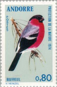 Stamp, Eurasian Bullfinch (Pyrrhula pyrrhula), Andorra, French Administration,  , Birds, Animals (Fauna)