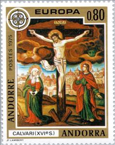 Stamp, Maria and Magdalena on the cross, Andorra, French Administration,  , Postal Services, Postal Unions, Biblical Accounts, Paintings, C.E.P.T., Europe
