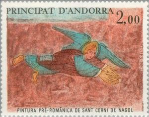 Stamp, Angel, pre-Romanesque fresco of Sant Cerni de Nagol, Andorra, French Administration,  , Biblical Accounts, Angels, Frescos