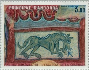 Stamp, Lion; Romanesque fresco from the church of La Cortinada, Andorra, French Administration,  , Mammals, Biblical Accounts, Лев, Frescos, Animals (Fauna)