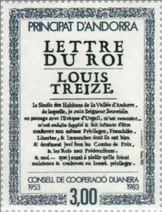 Stamp, Excerpt from a letter from King Louis XIII, Andorra, French Administration,  , Documents, Letters (Mail), Anniversaries and Jubilees