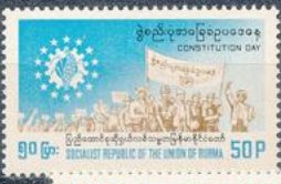 Demonstrators with banners and emblem