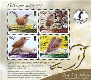 Souvenir Sheet, Cobb's Wren (Troglodytes cobbi), Falkland Islands,  , Birds, Animals (Fauna)