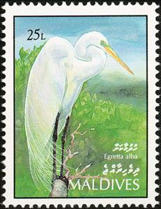 Stamp, Great Egret (Casmerodius albus), Maldives,  , Birds, Animals (Fauna)