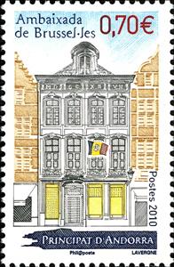 Stamp, Embassy building Bruessels, Andorra, French Administration,  