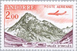 Stamp, Jet plane over the valley of Inclès, Andorra, French Administration,  , Landscapes, Mountains, Aviation, Aircrafts