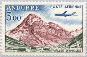 Stamp, Jet plane over the valley of Inclès, Andorra, French Administration,  , Landscapes, Mountains, Aviation, Aircrafts