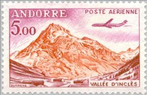 Stamp, Jet plane over the valley of Inclès, Andorra, French Administration,  , Landscapes, Mountains, Aviation, Aircrafts