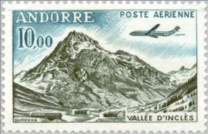 Stamp, Jet plane over the valley of Inclès, Andorra, French Administration,  , Landscapes, Mountains, Aviation, Aircrafts