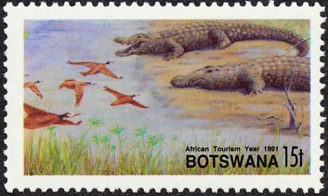 Stamp, Crocodiles, Waterfowl, Botswana,  , Birds, Crocodiles, Animals (Fauna)