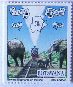 Stamp, African Elephant (Loxodonta africana) cross Railroad, Botswana,  , Railways, Elephants