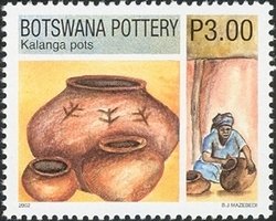 Kalanga finished pots and a woman moulding a pot