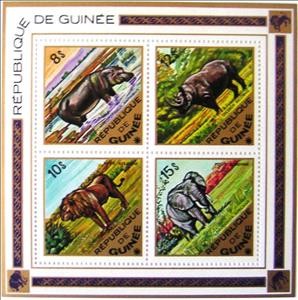 Souvenir Sheet, Souvenir Sheet with MiNo. 725-28A, Guinea, Social Democratic Republic,  , Mammals, Лев, Elephants, Rhinoceroses, Animals (Fauna), Hippopotamuses