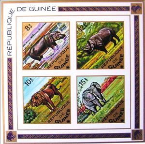 Souvenir Sheet, Souvenir Sheet with MiNo. 725-28B, Guinea, Social Democratic Republic,  , Mammals, Лев, Elephants, Rhinoceroses, Animals (Fauna), Hippopotamuses