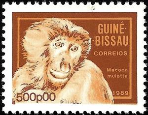 Stamp, Rhesus Macaque (Macaca mulatta), Guinea-Bissau,  , Mammals, Monkeys, Animals (Fauna)