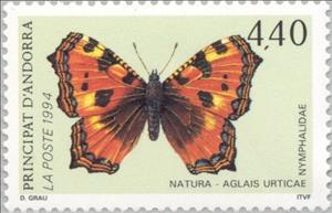 Stamp, Small Tortoiseshell (Aglais urticae), Andorra, French Administration,  , Insects, Butterflies, Animals (Fauna)