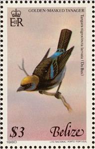 Stamp, Golden Masked Tanager (Tangara larvata), Belize,  , Birds
