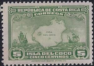 Stamp, Map of Cocos Island and Ships of Columbus, Costa Rica,  