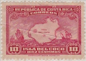 Stamp, Map of Cocos Island and Ships of Columbus, Costa Rica,  